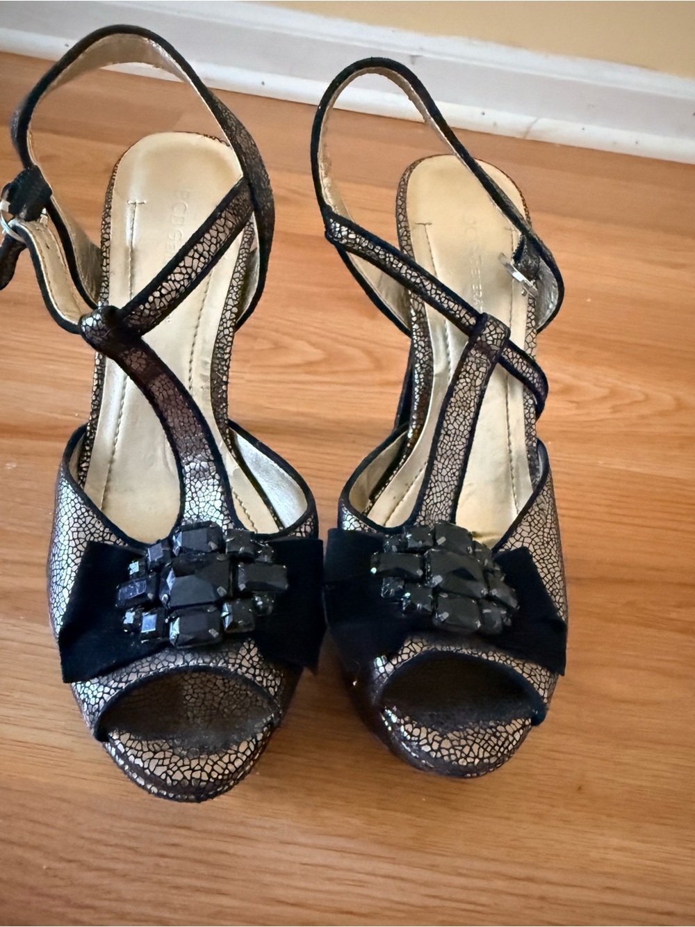 Women's Metallic Black T-Strap Heels with Gem Embellishment